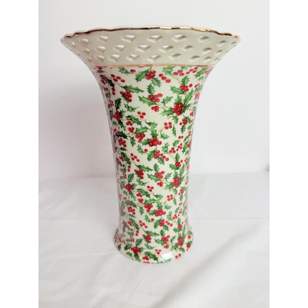 Vases- Formalities by Baum Bros Holly Pattern Ceramic  Ivory Pierced Rim